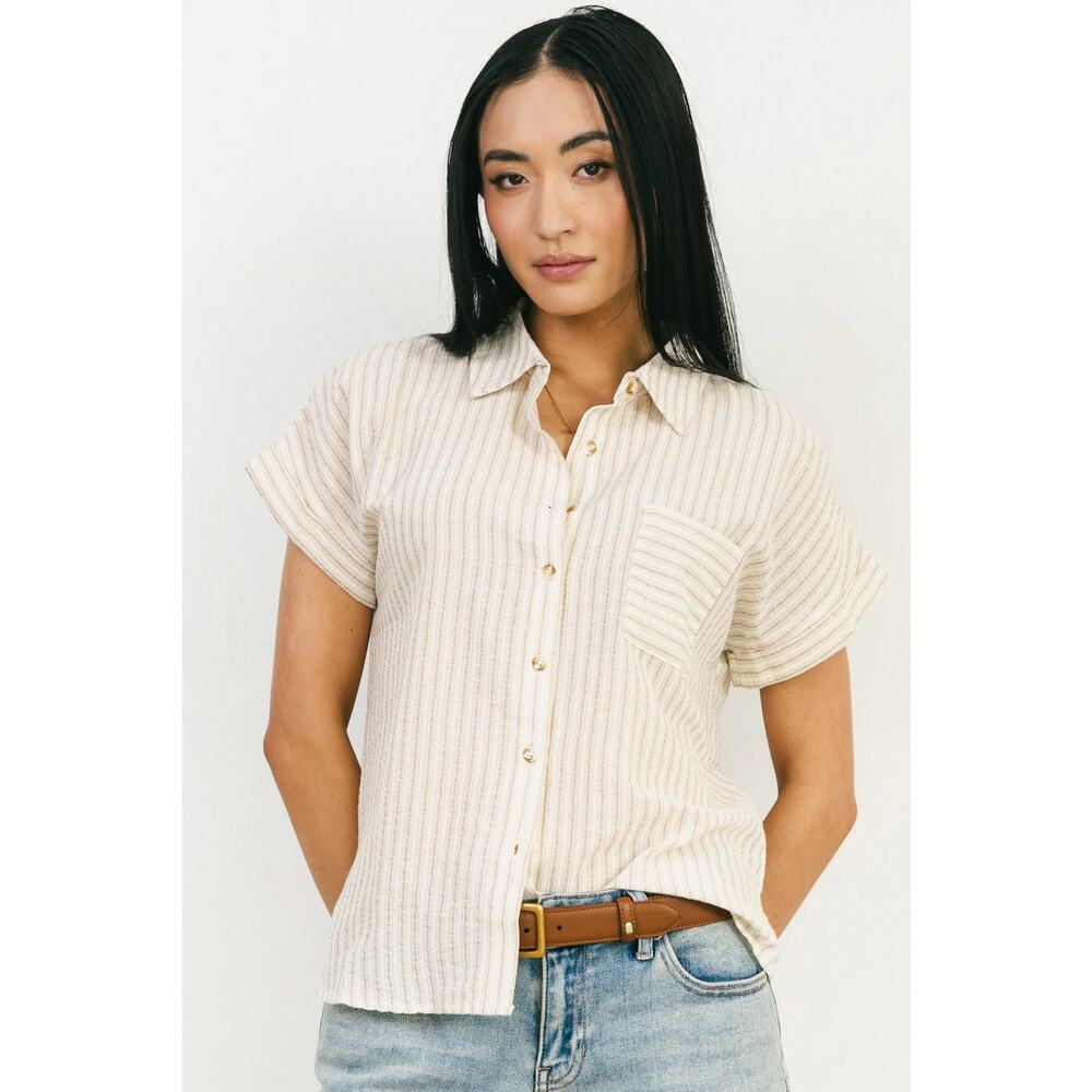 BLU PEPPER Stripe Short Sleeve Button-Up Linen Shirt LARGE - Picture 2 of 9
